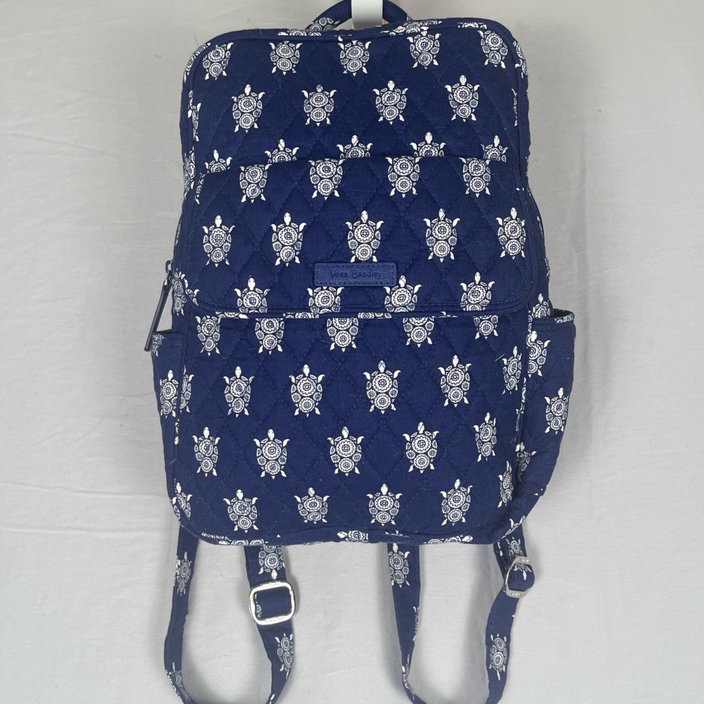Vera Bradley Sea Turtle Medium Backpack Blue White Quilted 12x9 Nautical Preppy - Picture 3 of 12